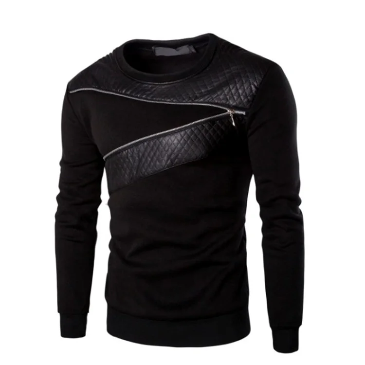 BrosWear Fashion Black Pu Leather Splicing Outdoor Training Sweatshirt