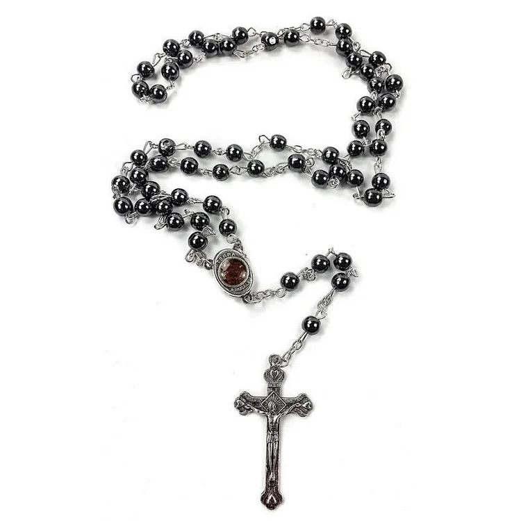 Cross Black Onyx & Red Agate Rosary Necklace