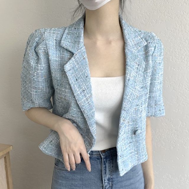 Double Breasted Crop Tweed Blazer & Pleated Short Skirt