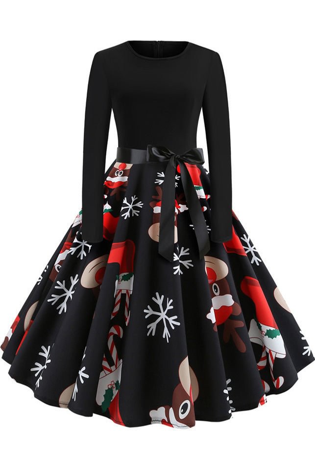 Christmas Long-sleeve Retro Printed Dress - Shop Trendy Women's Clothing | LoverChic