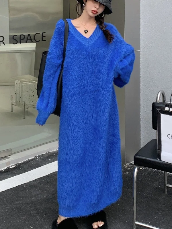 Minimalist Roomy Long Sleeves Pure Color V-Neck Sweater Dresses