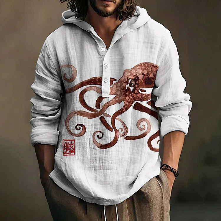 Comstylish Japanese Art Octopus Printed Linen Blend Casual Hoodie