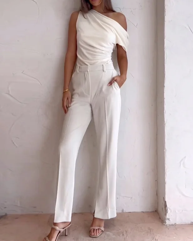 one shoulder solid color two piece suit