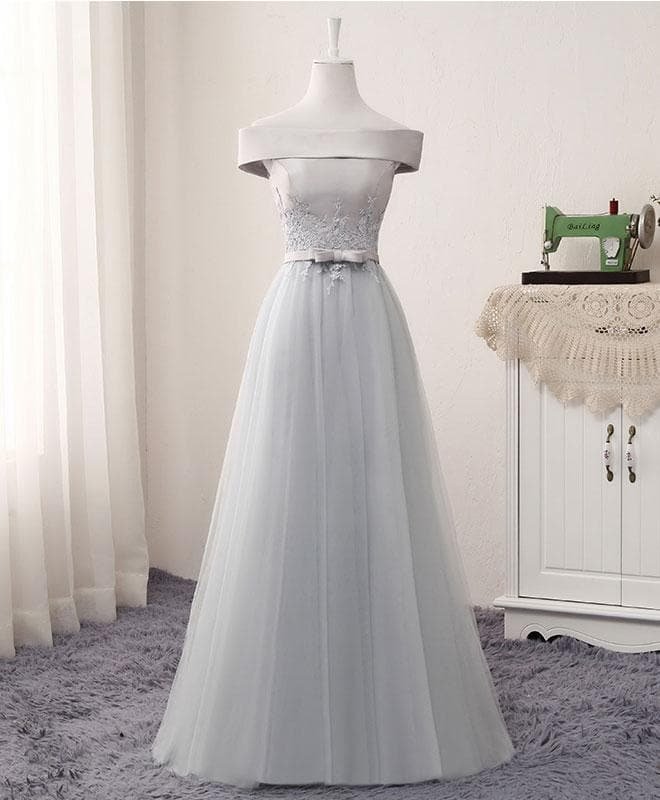 Gray A Line Lace Tulle Long Prom Dress, Lace Evening Dress