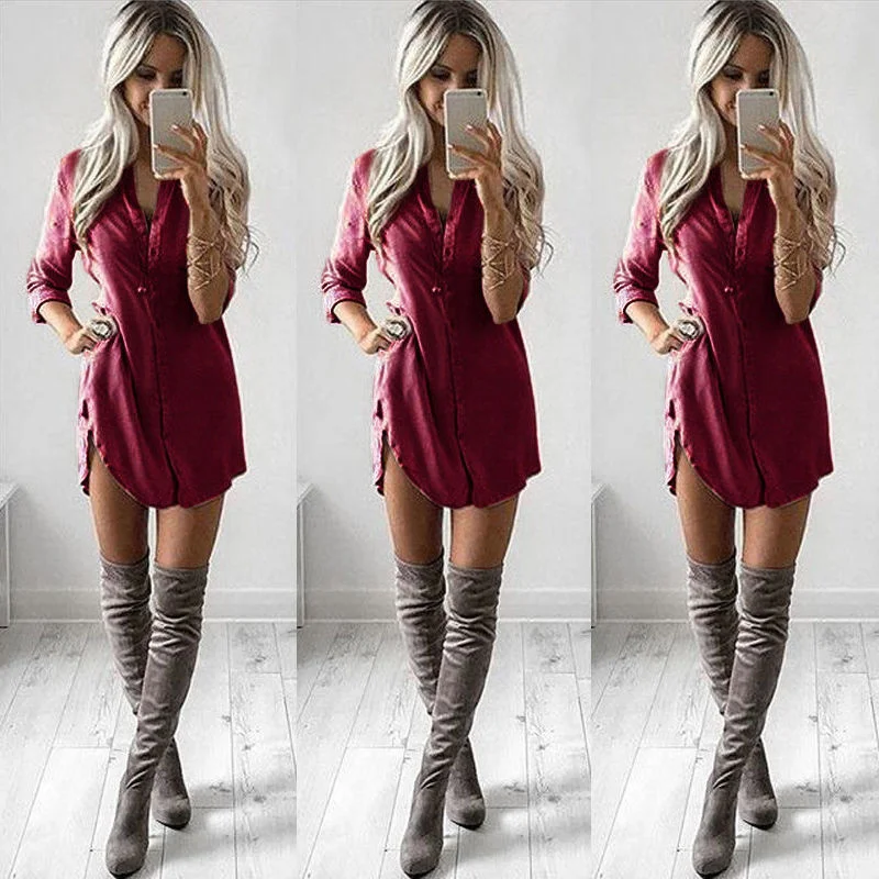 Sexy Shirt Mini Dress Casual Loose Long Sleeve Button Closure Side Slit Breathable Blouse 2021 Women Summer Vacation Fashion Top