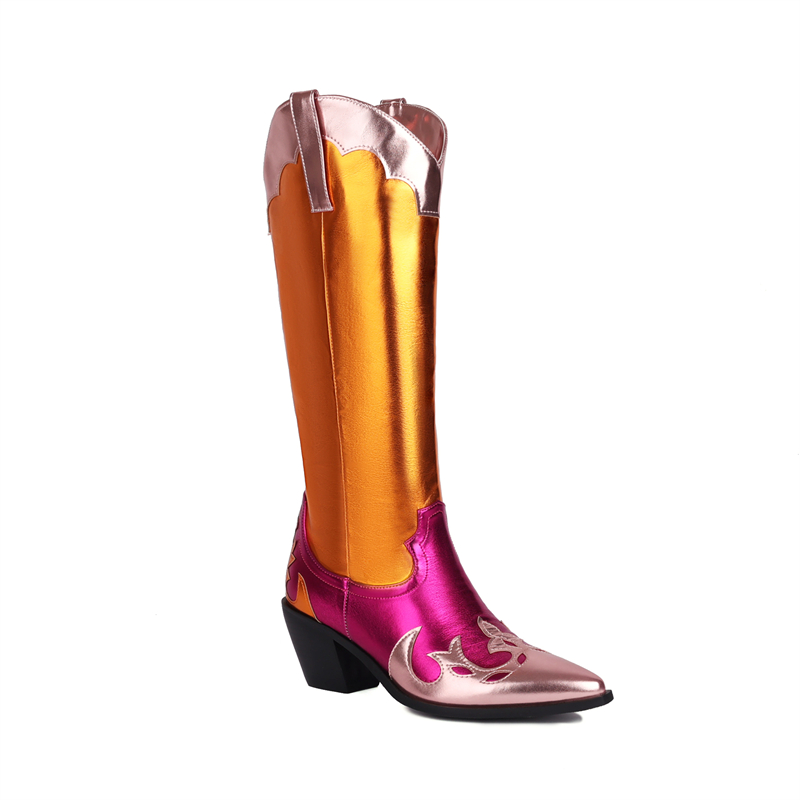 TAAFO Chunky Heel Knee High Boots Fancy Metallic PU Cowboy Boots Western Women Boots For Party