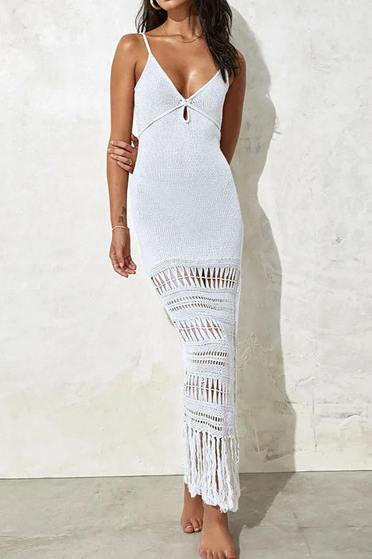 Hollow Out Knit Fringed V Neck Cover Ups Slip Maxi Dresses