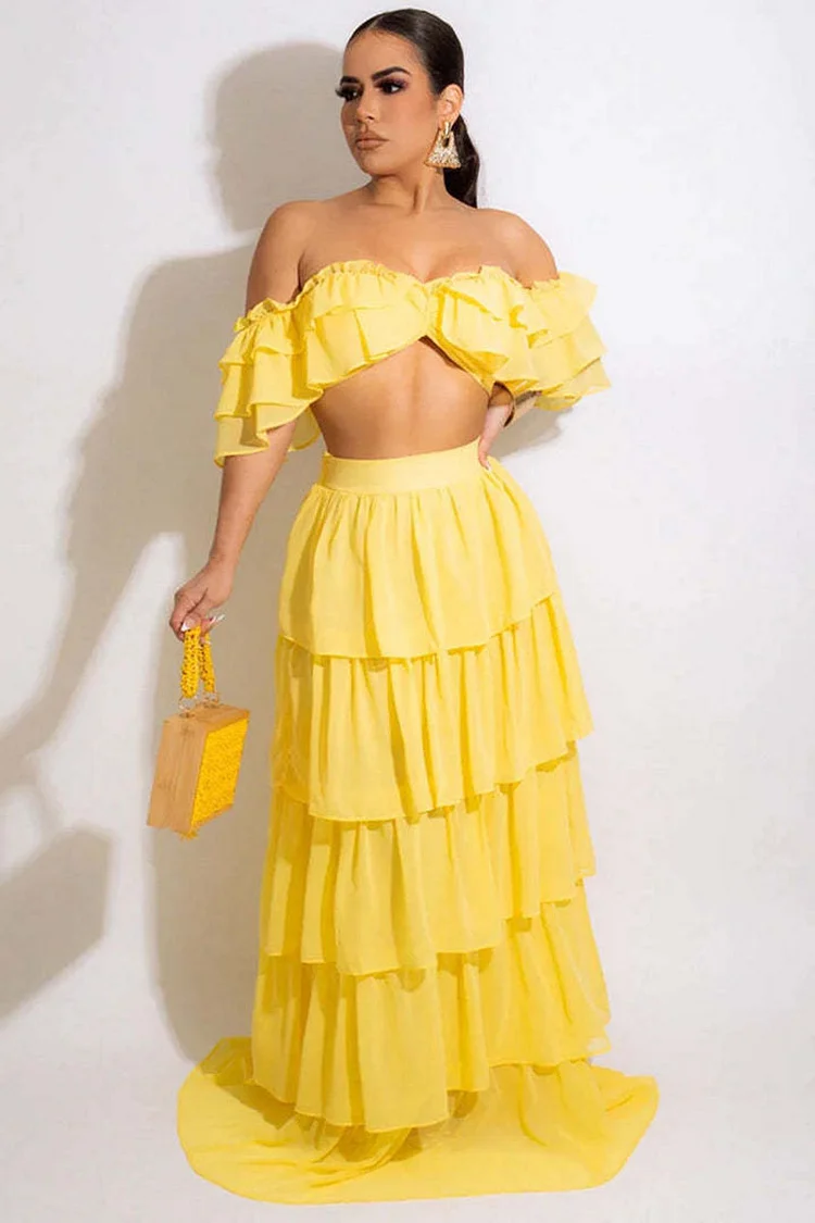Ruffled Strapless Off Shoulder Crop Top Tiered Ruffled Vacation White Maxi Skirt Two-Piece Set