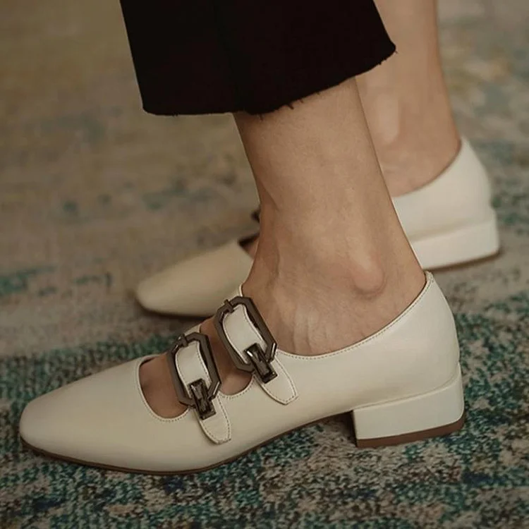 Elegant White Square Toe Low Heels Mary Jane Shoes with Buckle |FSJ Shoes