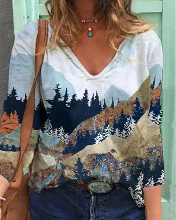 Printed Crew Collar Casual Long Sleeve Shirts & Tops