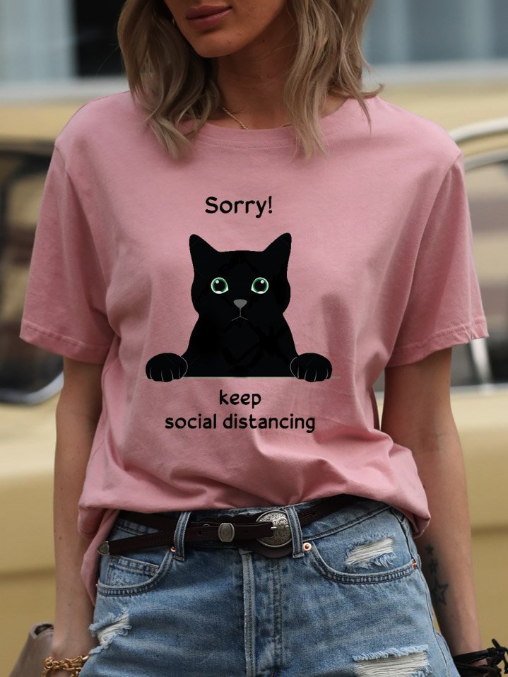 Bestdealfriday Sorry Keep Social Distancing Cat Graphic Round Neck Short Sleeve Loose Tee