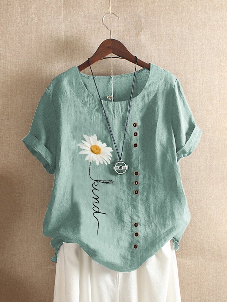 Letter Daisy Print Button Short Sleeve T shirt For Women P1661817