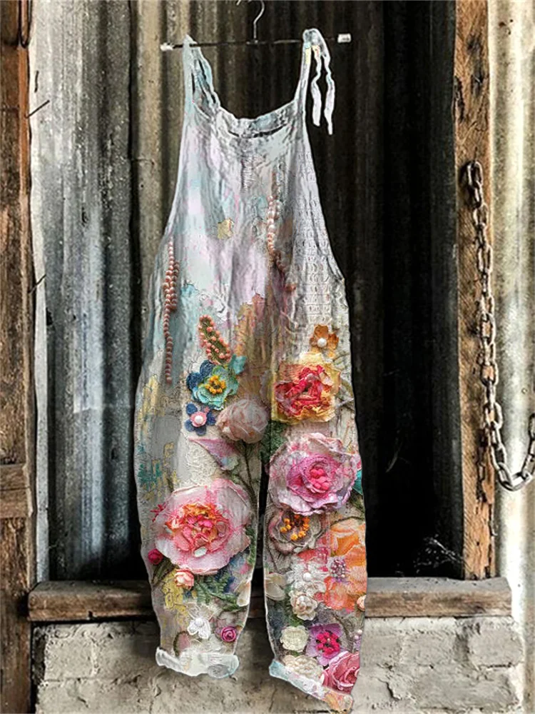 Comstylish Vintage Floral Print Linen Blend Casual Jumpsuit