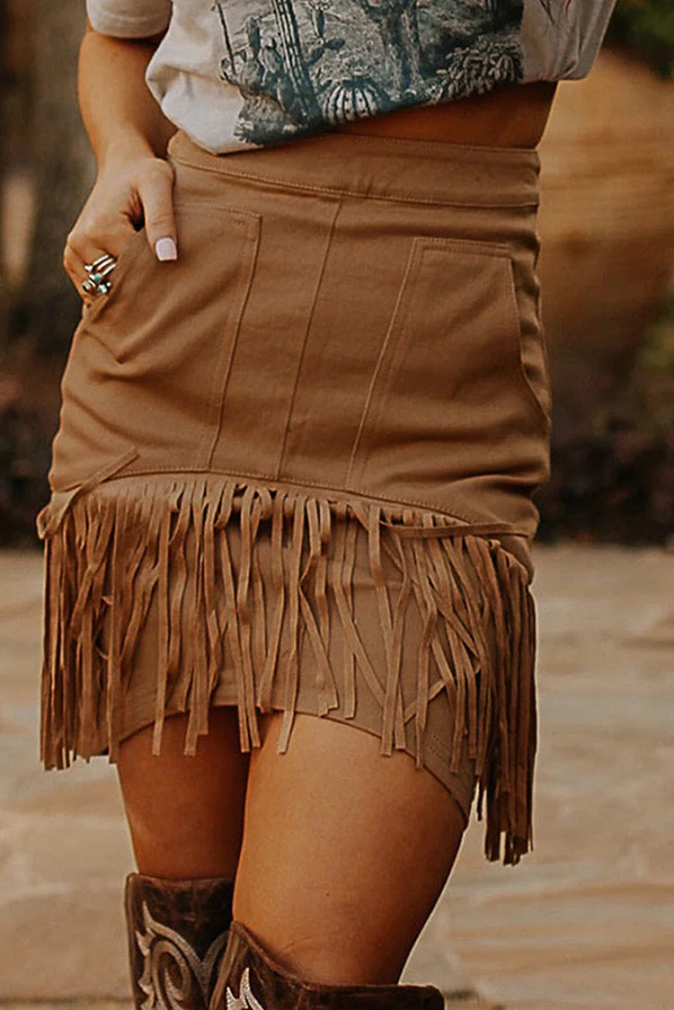 Brown Tassels Zipped Pockets High Waist Mini Skirt