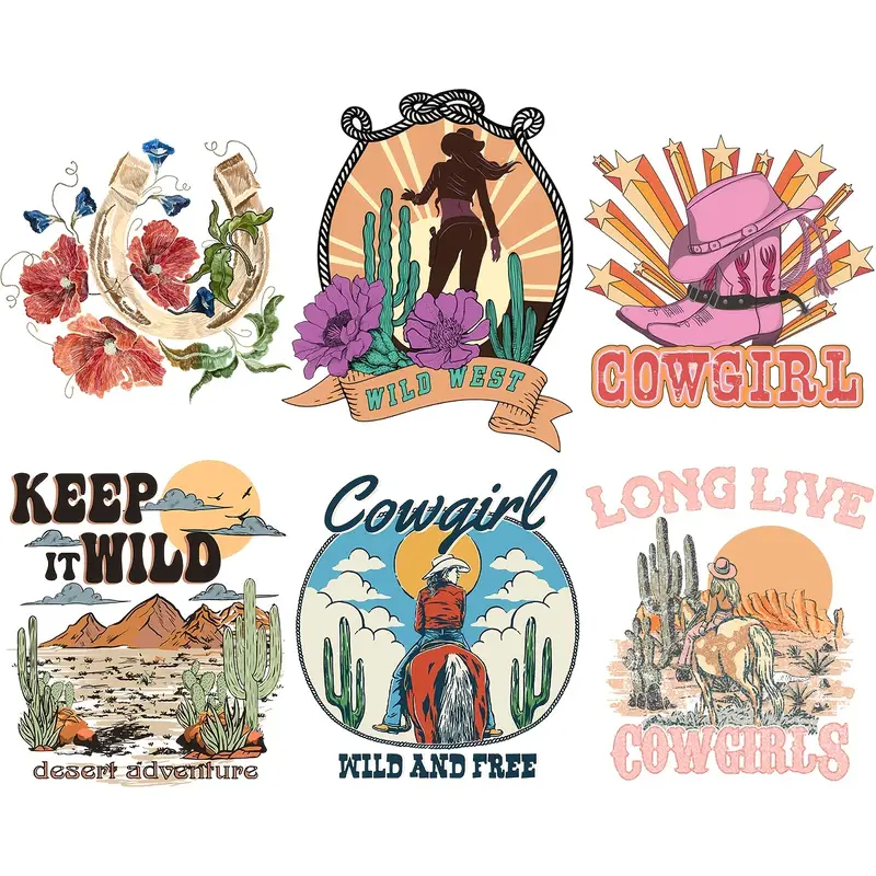 6pcs Heat Transfer Vinyl Wild Vintage Western Cowgirls Theme For T-shirt Desert Free Life Pattern For Jacket Iron On Patches For Bags-Guru-buzz