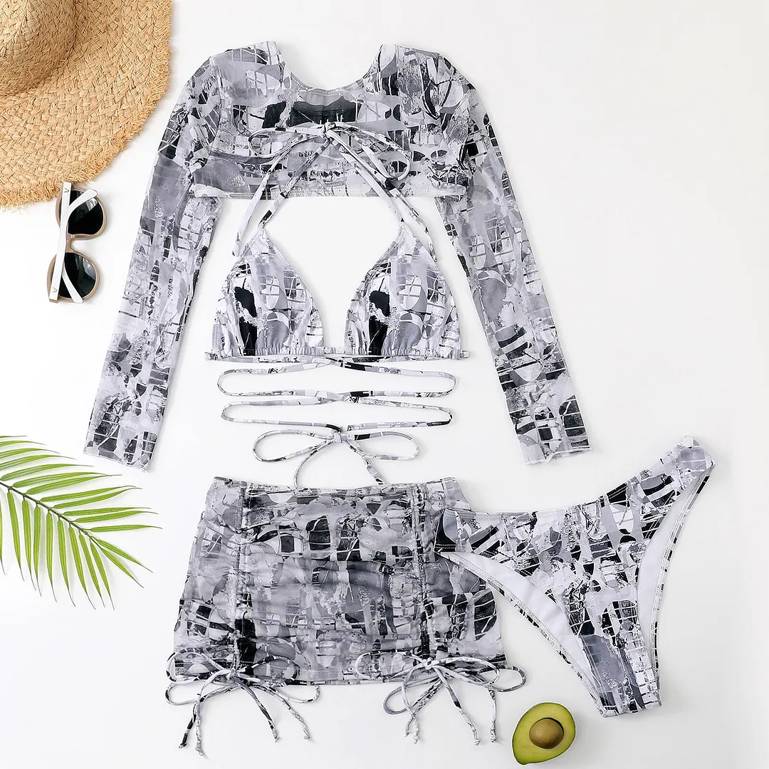 Billionm Beach Graffiti Floral Print 4 Piece Set Sexy Tops Bikini