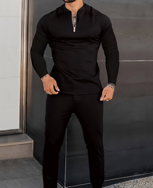 Basic Plain Round Neck Half Zip Long Sleeve Top & Pants 2Pcs Set