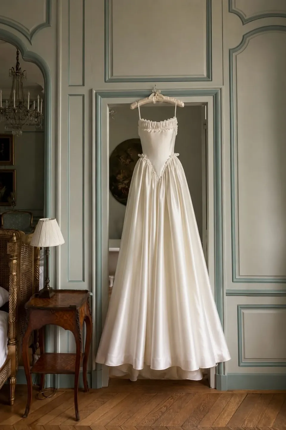 Lussooy Chic Satin Spaghetti Straps A Line Sleeveless Wedding Dress with Pleated