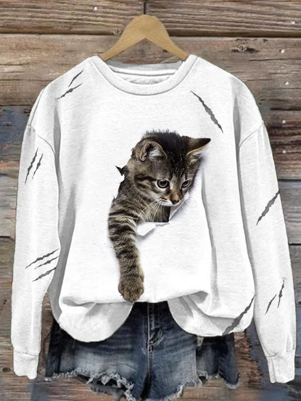 Comstylish Cat Scratch Print Linen Blend Sweatshirt