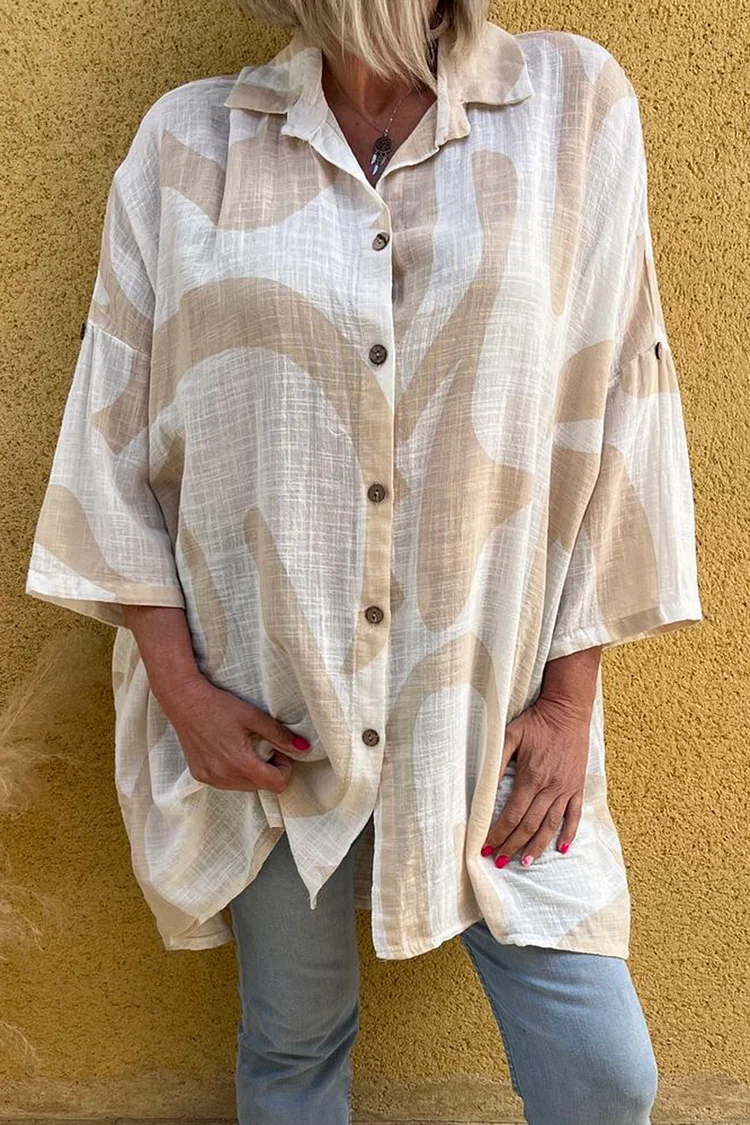 Dropped Shoulder Turndown Collar Pattern Printed Linen Shirt [Pre Order]