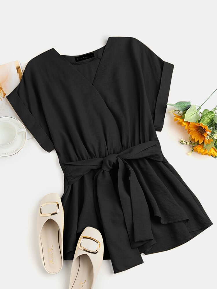 Women Solid Color V neck Short Sleeve Casual Blouse With Belt P1839933