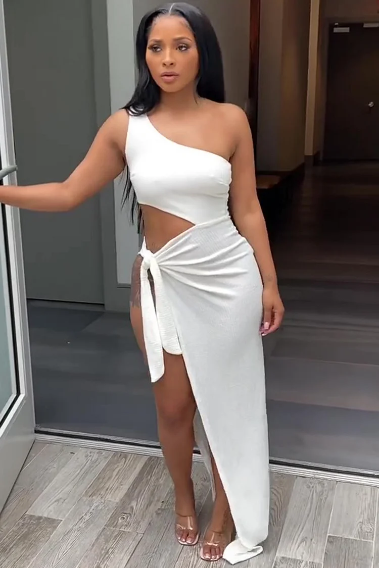 One Shoulder Cutout Tied Up High Slit Vacation Maxi Dresses-White [Pre Order]