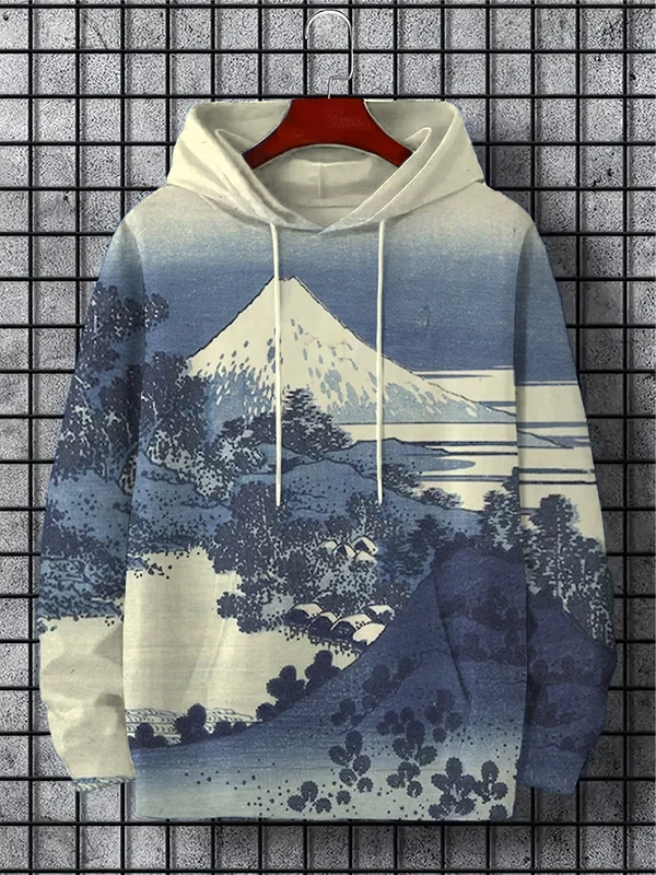 Men's Mount Fuji Trees Japanese Art Print Ombre Casual Hoodie