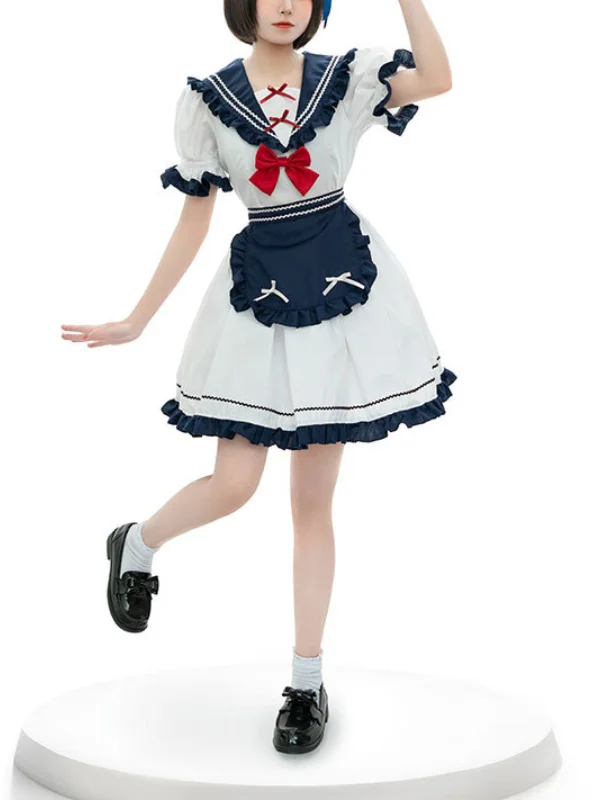 Lolita Sailor Collar Bowknot Bubble Sleeve Mini Maid Dress