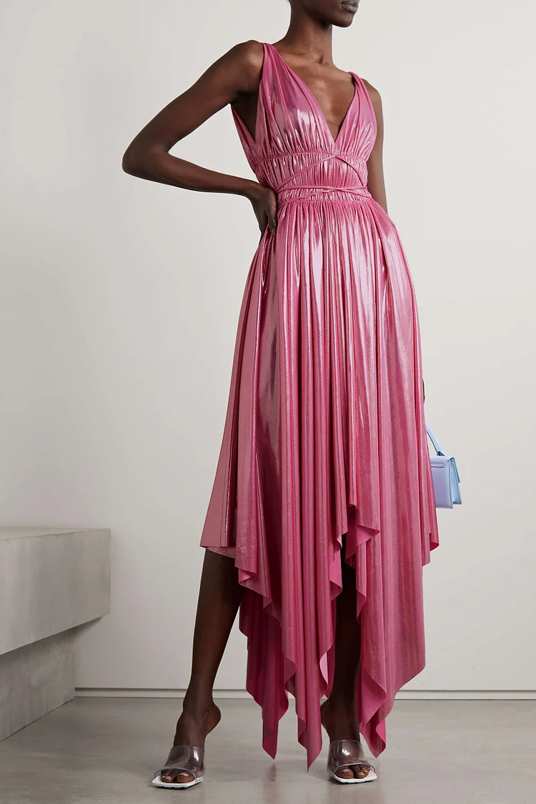 Elegant V Neck Sleeveless Irregular Hem Midi Dress-Candy Pink