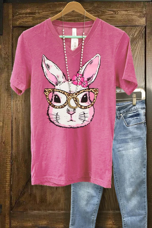 Sweet Glasses Bunny Print V-Neck T-Shirt
