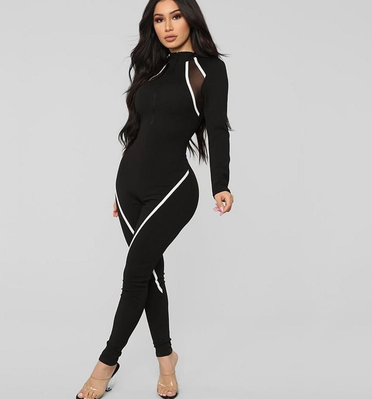 Graduation Gift Long Sleeve Women Jumpsuits Mesh Striped Patchwork Sporty Workout Active Wear Zipper Fitness Streetwear Skinny Outfits - BlackFridayBuys