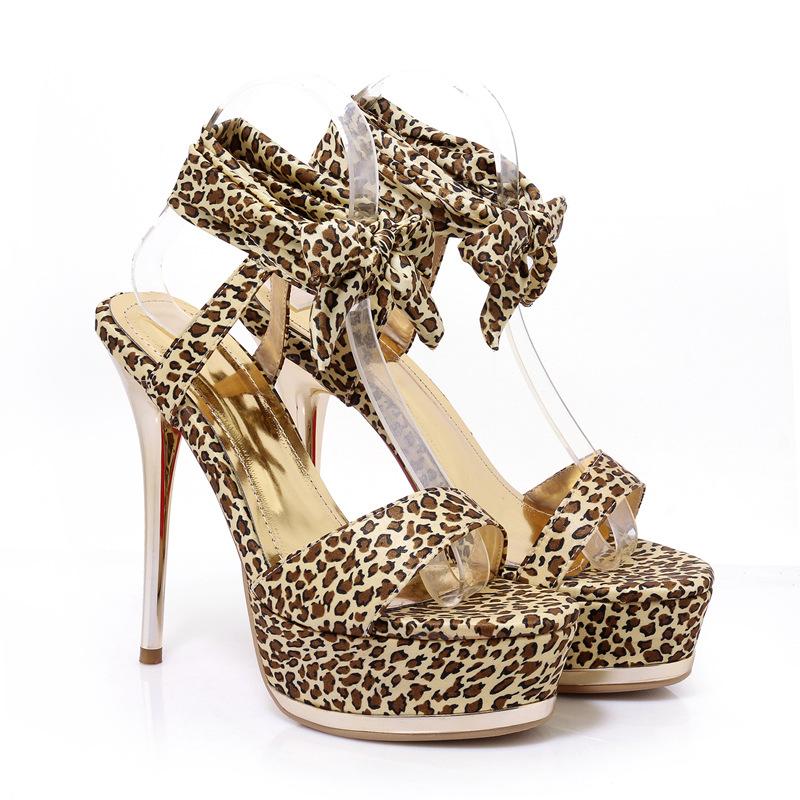 VCSHOES Leopard Open Toe Ankle Wraps Platform Stiletto High Heels Sandals