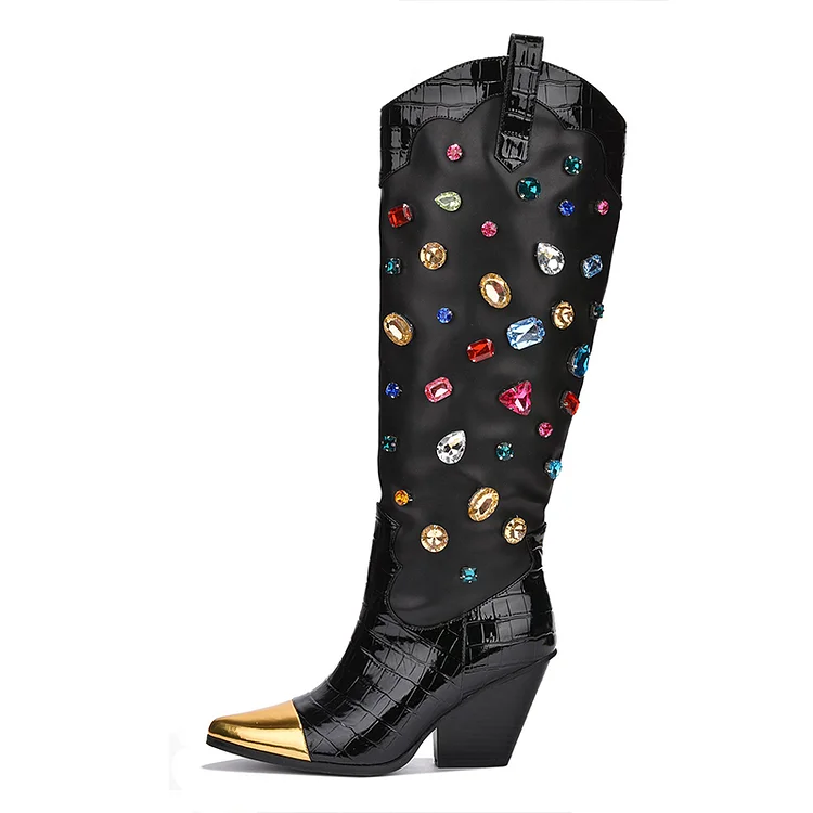 Black Chunky Heel Knee Cowgirl Boots with Multicolor Crystal Decor |FSJ Shoes