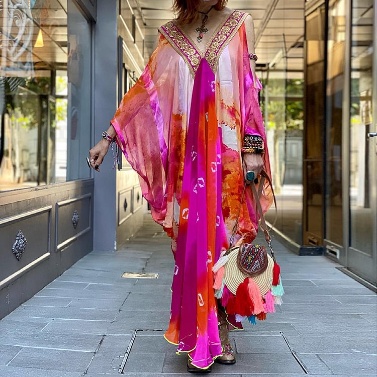 VChics Colorful Cold Shoulder V Neck Vacation Caftan Maxi Dress