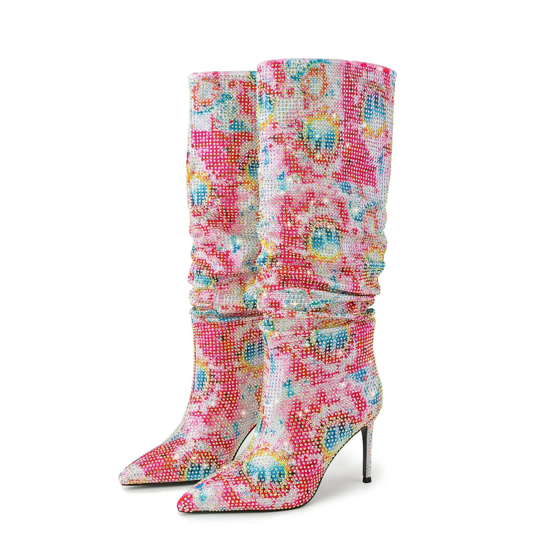 VCSHOES Crystal Boot Woman Pointed Toe Knee High Boots Rhinestone Thin High Heel Boots Shinning Ladies Botas Mujer 47
