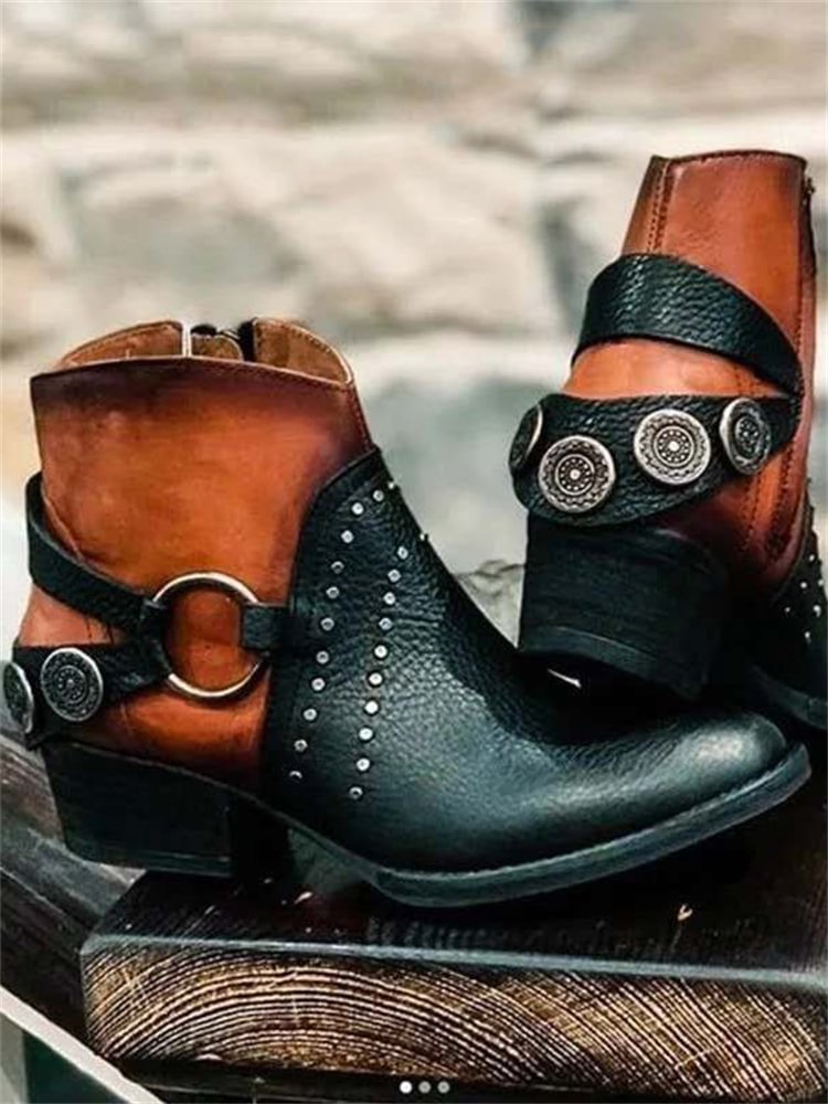 Vintage Studded Contrast Color Ankle Boots