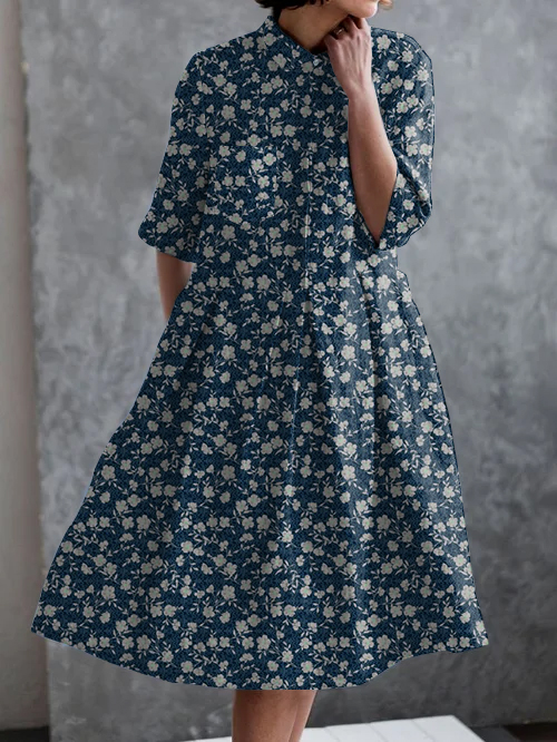 Vintage Floral Print Casual Pocket Half Sleeve Dress