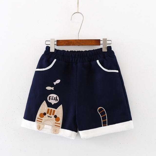 Sweet Cat Eat Fish Elastic Waist Shorts SP14845