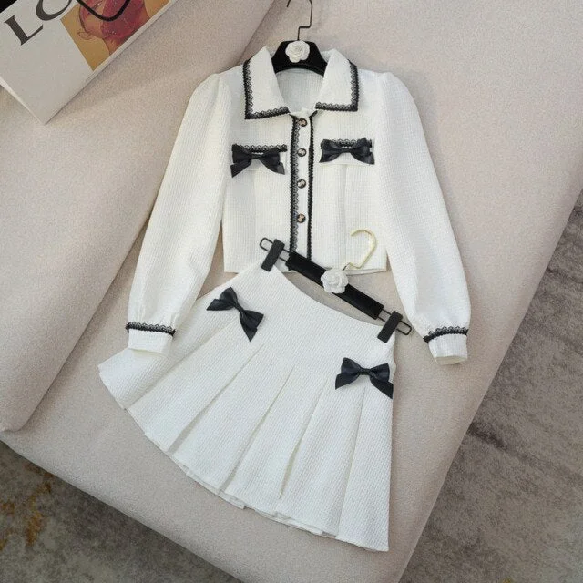 Kawaii Crop Top Bow Short Jacket Coat + Pleated Mini Skirts Sets SP17064