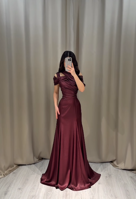 Asymmetric Off-the-Shoulder Neck Short Sleeves High-Waisted Long Mermaid Prom Dress With Pleated | AC0001 Wellcucu