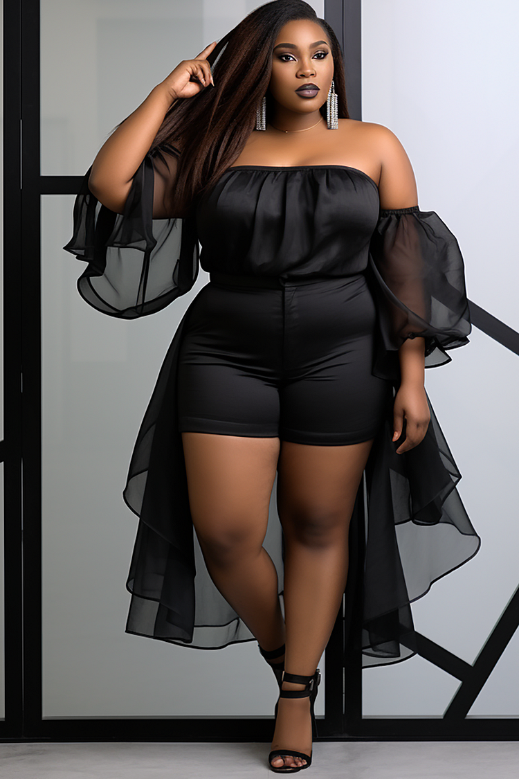 Xpluswear Design Plus Size Daily Black Party Off The Shoulder Puff Sleeve Mesh Two Piece Sets 