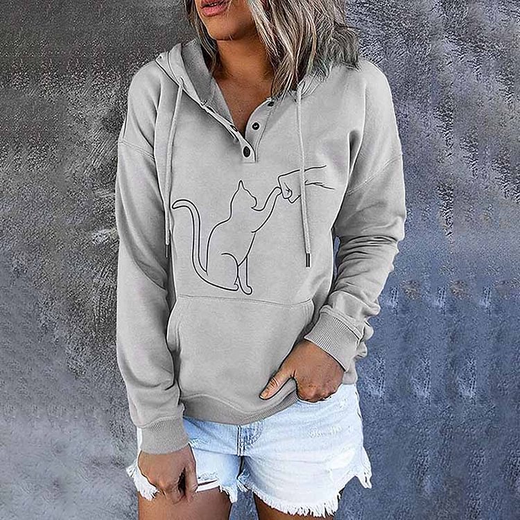 Comstylish Cat Animal Printed Button Down Long Sleeve Hoodie