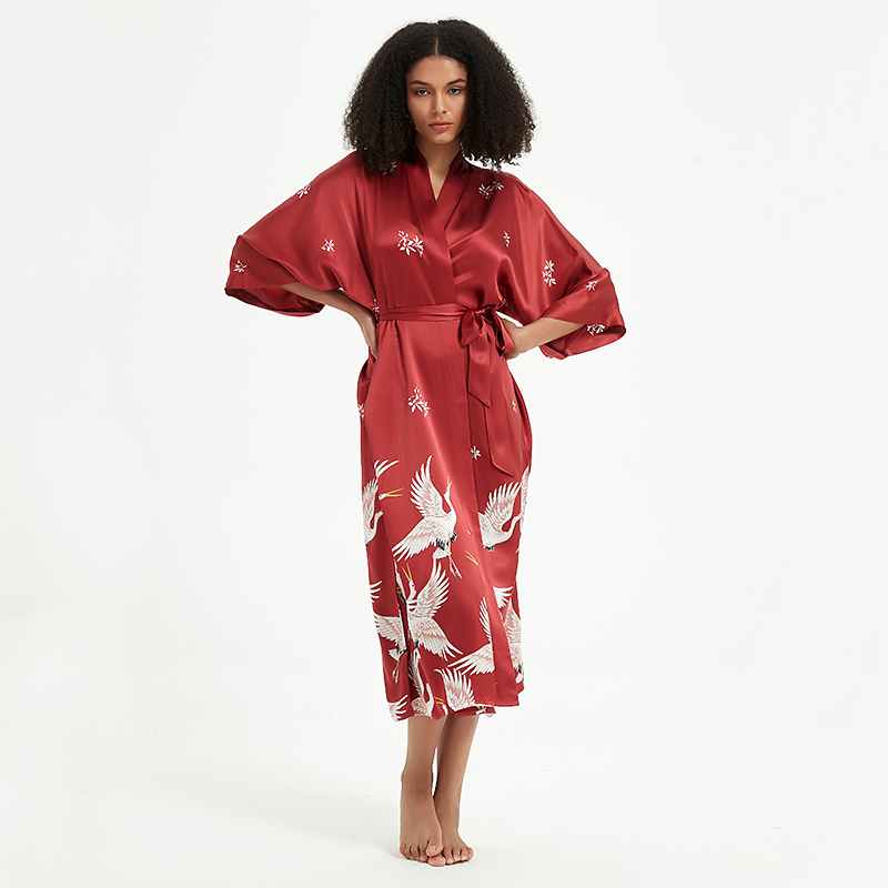 19 Momme Crane Pattern Long Women's Silk Kimono Robe REAL SILK LIFE