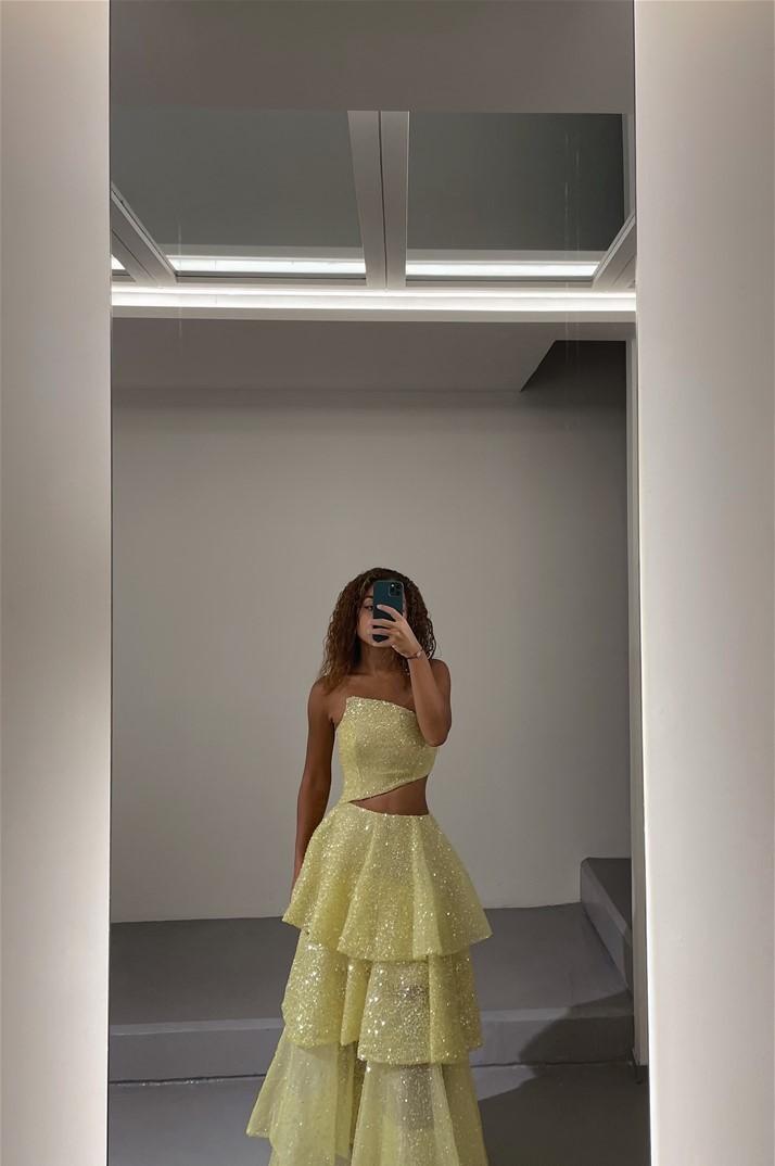 Lussooy Sequins Glamorous Yellow Two Pieces Sleeveless Strapless Prom Dress with Ruffles