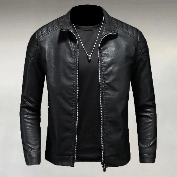 Men's Casual PU Leather Turndown Collar Zipper Long Sleeve Jacket