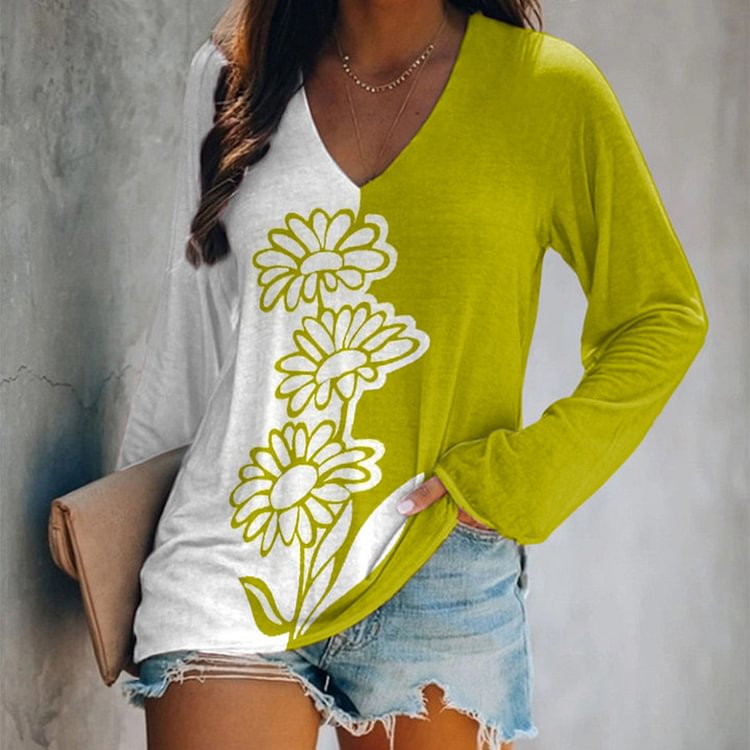 Vefave Casual Colorblock Floral Long Sleeve T-Shirt