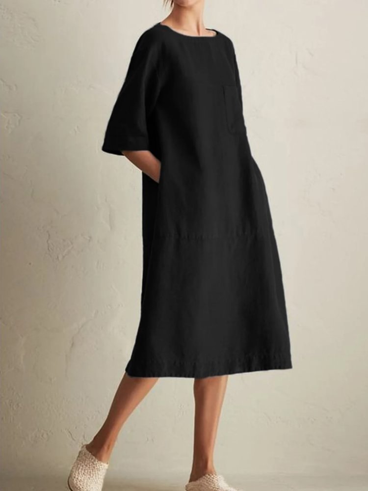 Vintage Crew Neck Loose Fit Midi Dress