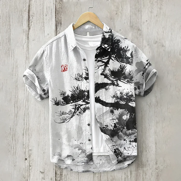 Comstylish Japanese Landscape Ink Tree Art Linen Blend Shirt