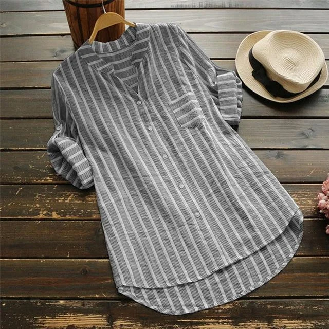 Plus Size Women Striped Blouse Tops Casual Work Shirts Elegant V Neck Blouse | EGEMISS