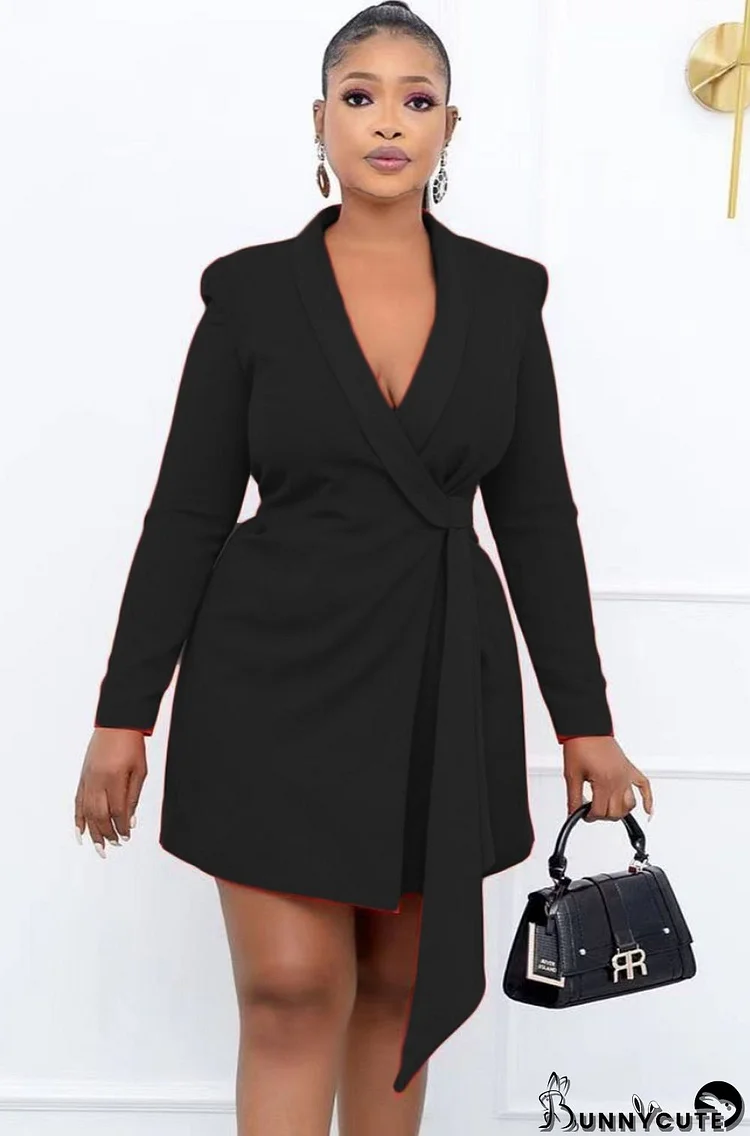 Fall Professional Black Long Sleeve Knotted Blazer Dress